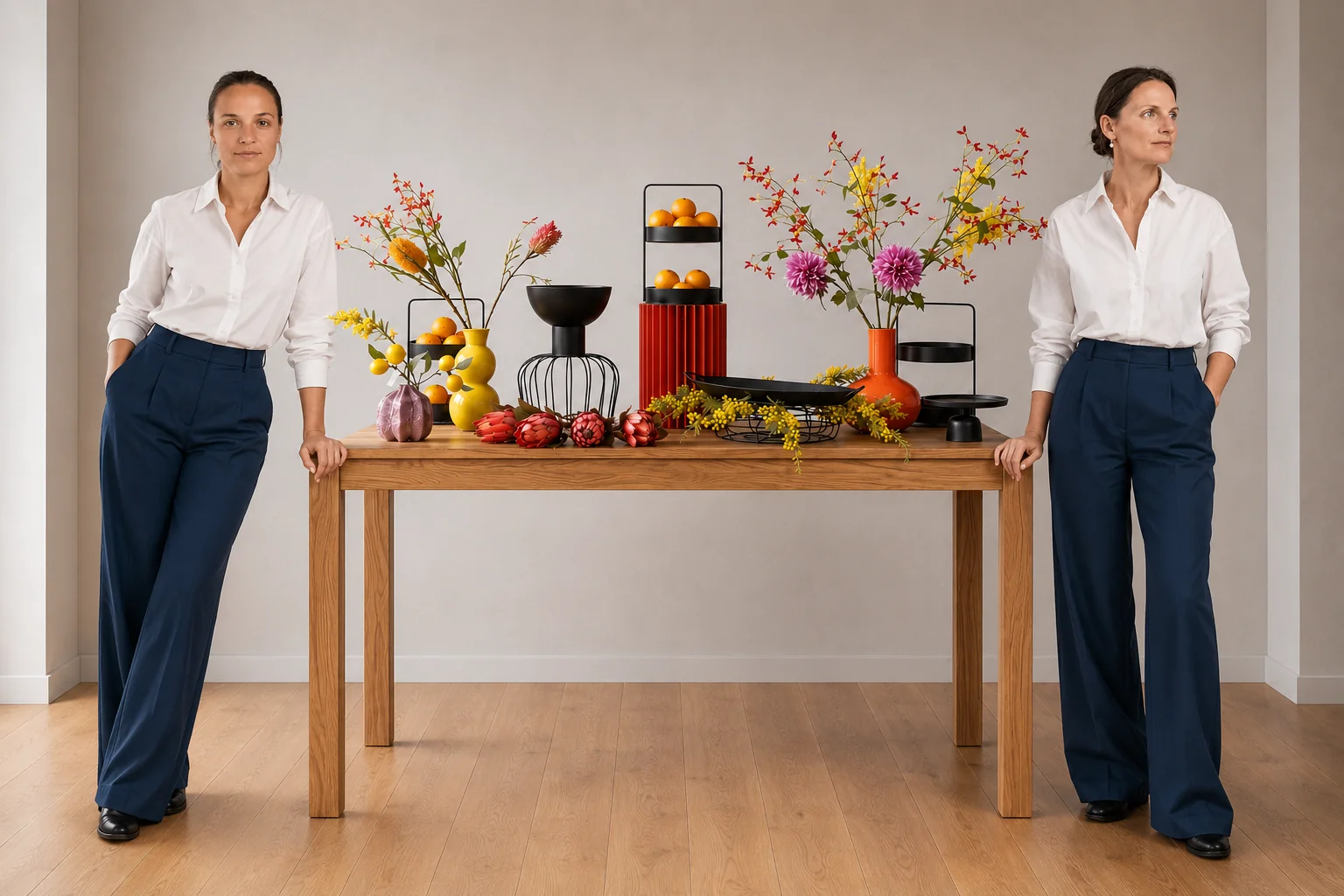 Zwei Personen an einem hellen Eichentisch, darauf ein Arrangement in Rot, Gelb und Schwarz mit Protea, Mimose und Zitrusfrüchten.