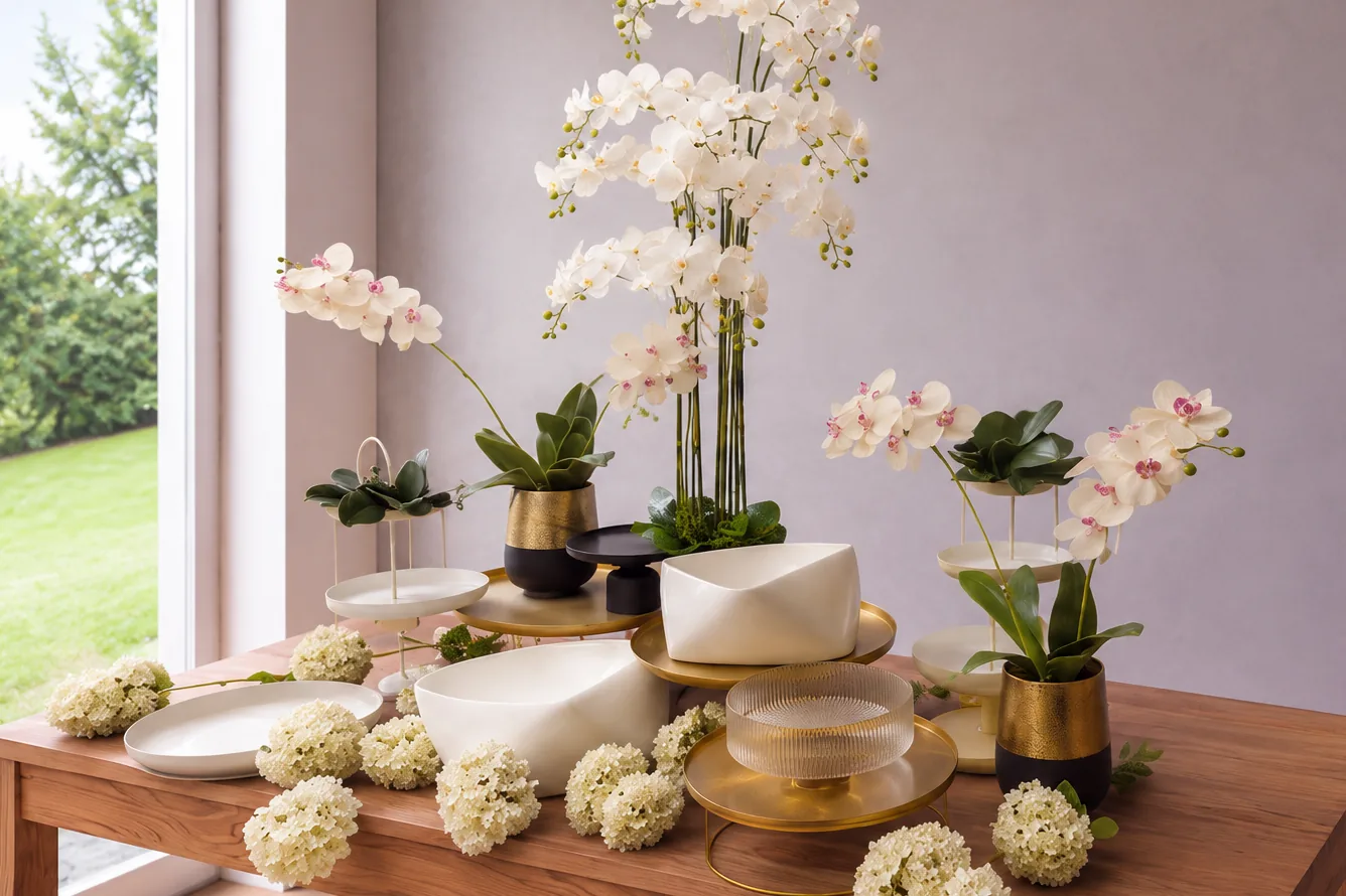 Die Tafel Holy Gold vor einer Fensterfront, Orchideen und Messing im Tageslicht.