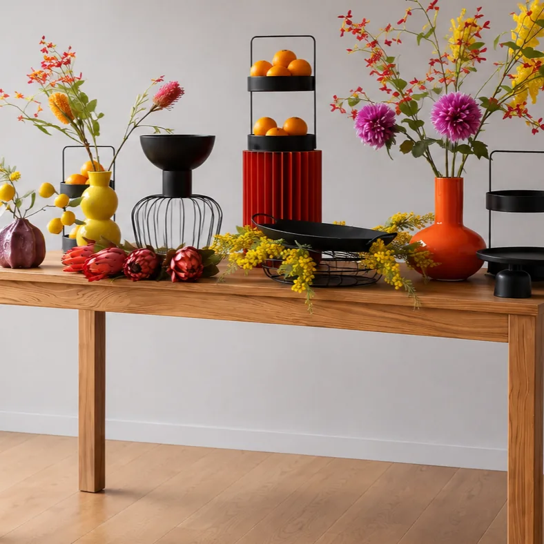 Rote Riffelvase und schwarze Etagere mit Orangen, umgeben von Dahlien und Mimosenzweigen.
