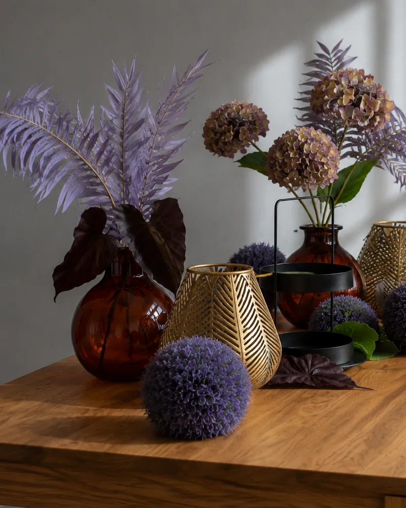 Tischecke mit bernsteinfarbener Bauchvase, violetten Federfarnen, goldener Blattvase und Alliumkugeln auf Eichenholz.