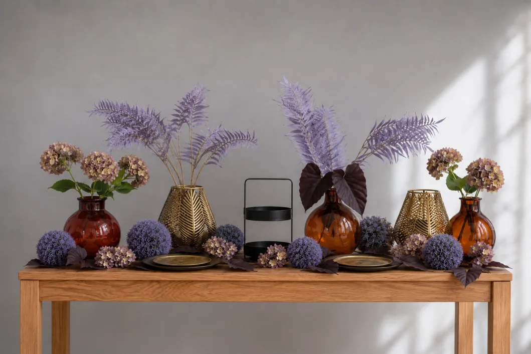 Die Tafel Purple Rain frontal: zwei Bauchvasen aus Bernsteinglas, goldene Blattvasen und Alliumkugeln über die ganze Länge.