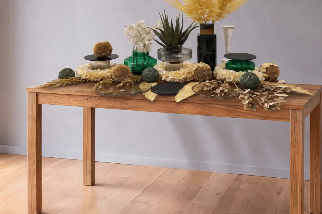 Der Eichentisch mit dem Arrangement Smaragdwolke in Creme und Grün.