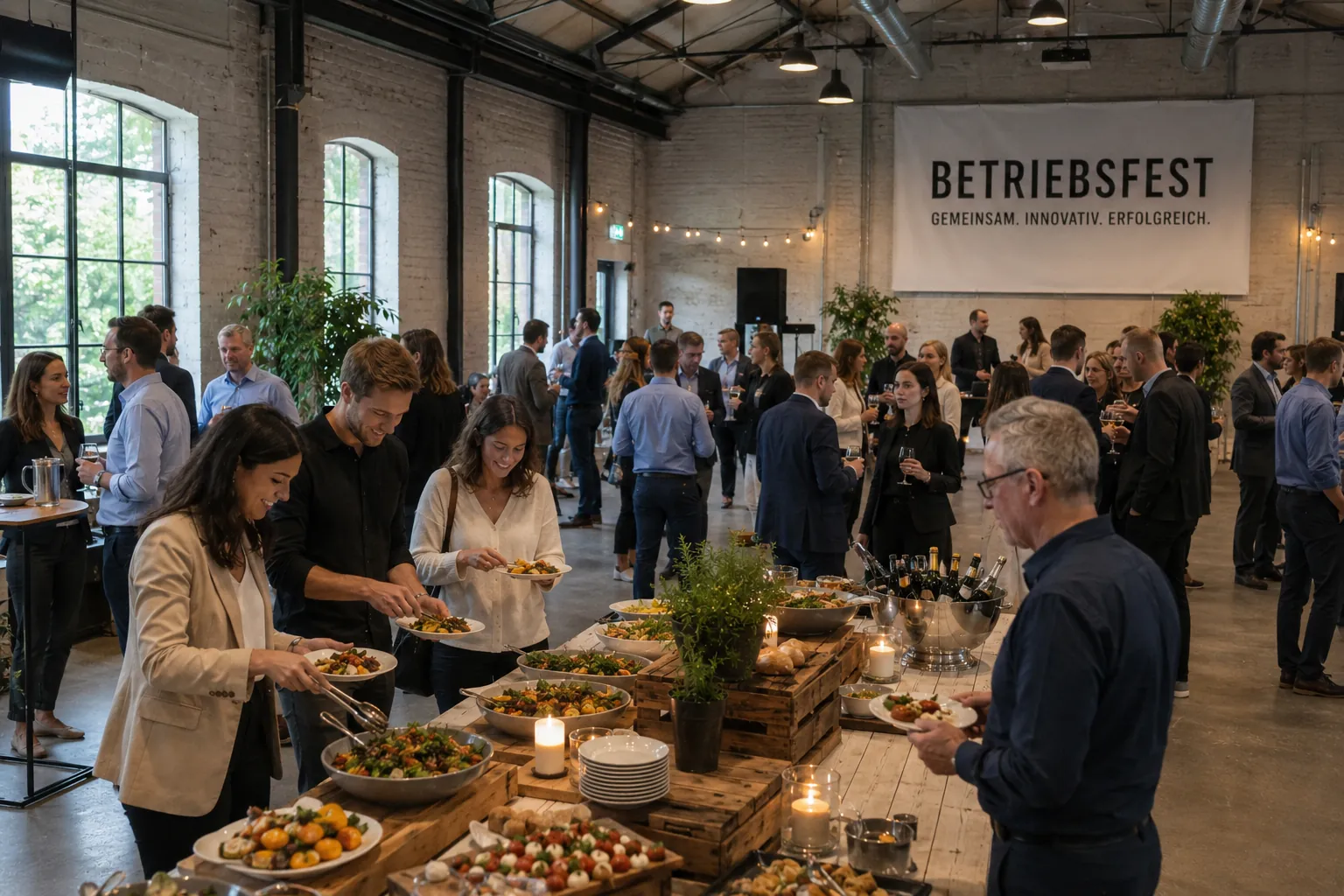 Lange Buffettafel in einer hohen Halle mit Ziegelwänden