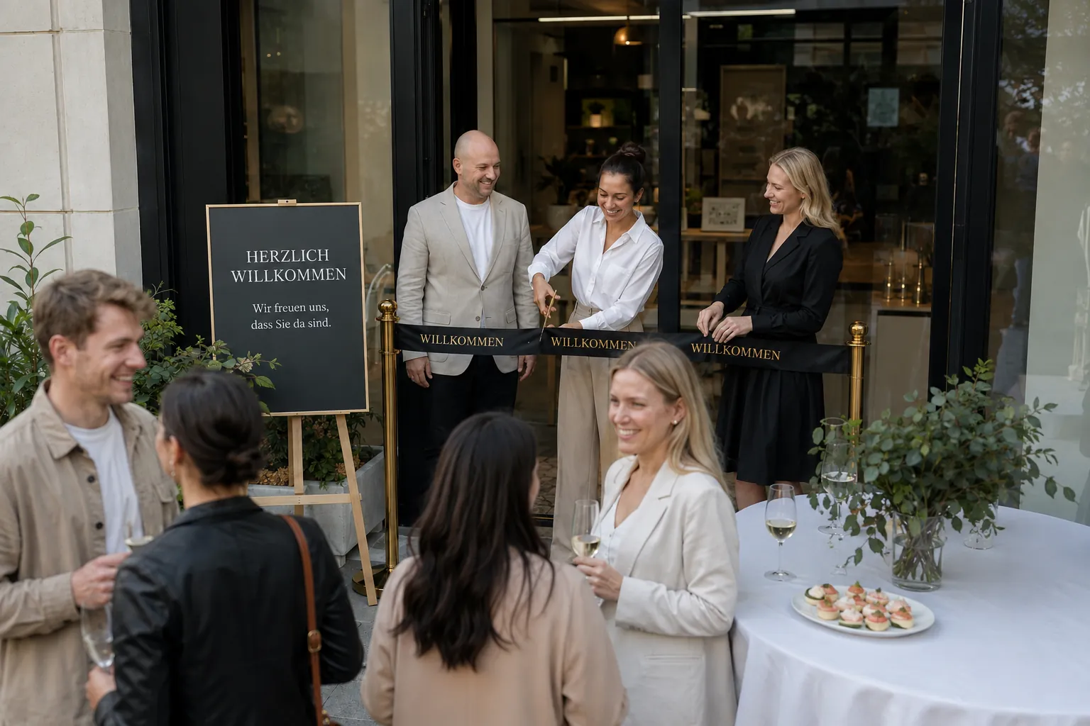 Eröffnungsfeier vor einem Laden, Gäste mit Sekt am Willkommensschild
