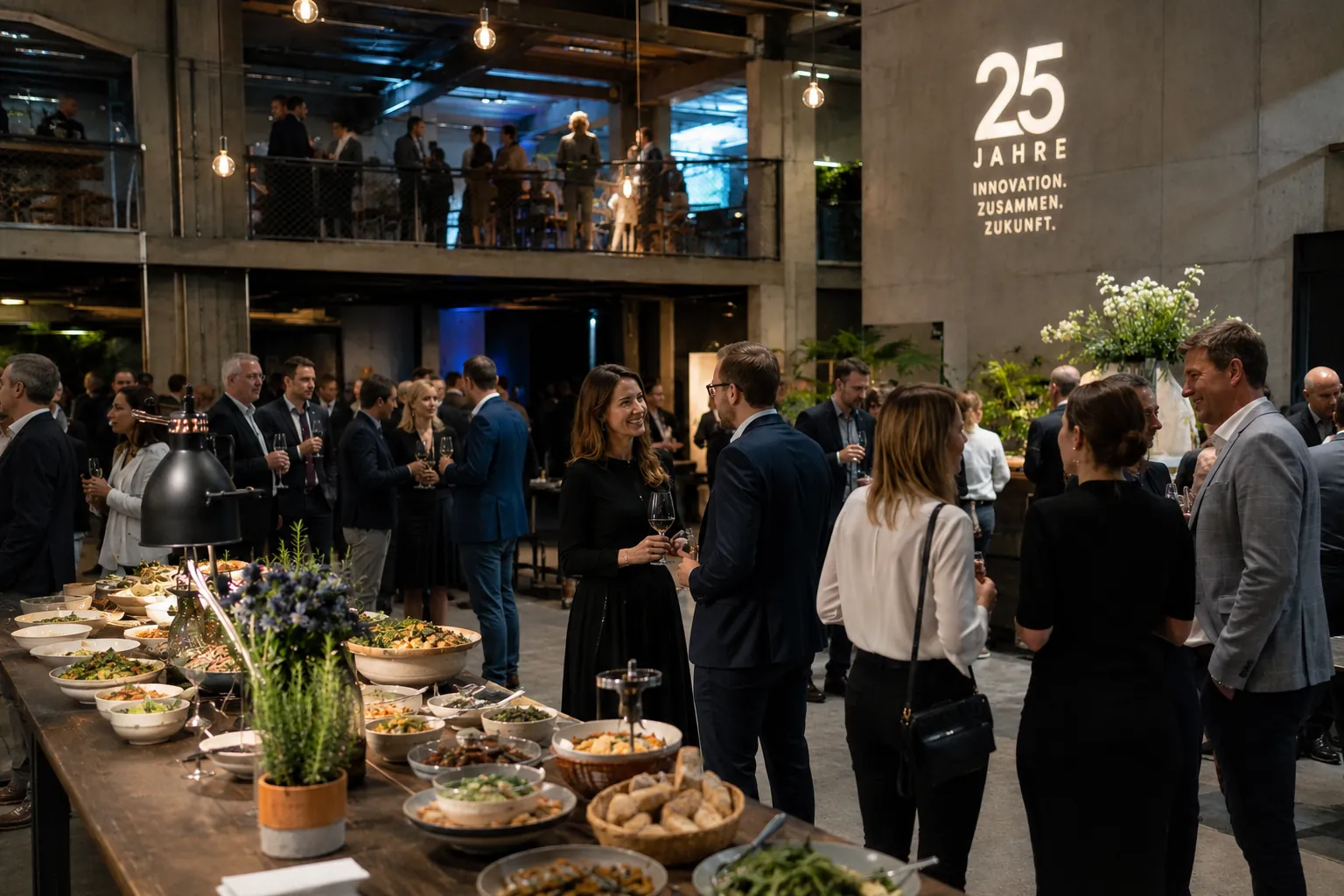 Jubiläumsempfang zu 25 Jahren, Gäste am Buffet in einer hohen Halle