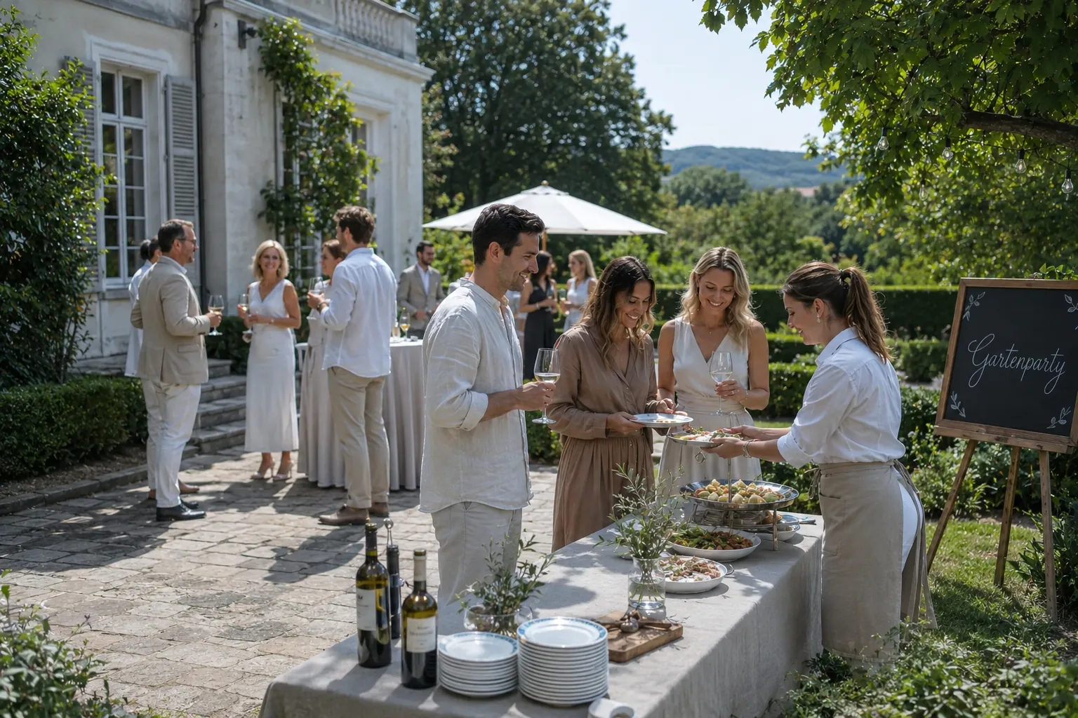 Gartenparty vor einem Landhaus, Gäste am Buffet im Freien