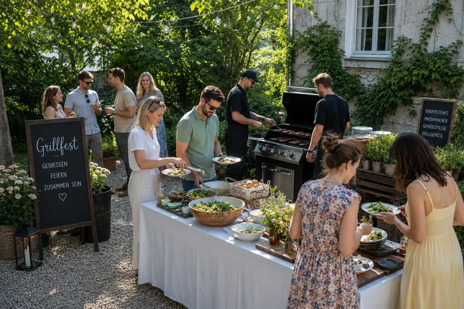 Grillfest im Hof mit Grillstation, Salaten und Beilagen auf langer Tafel