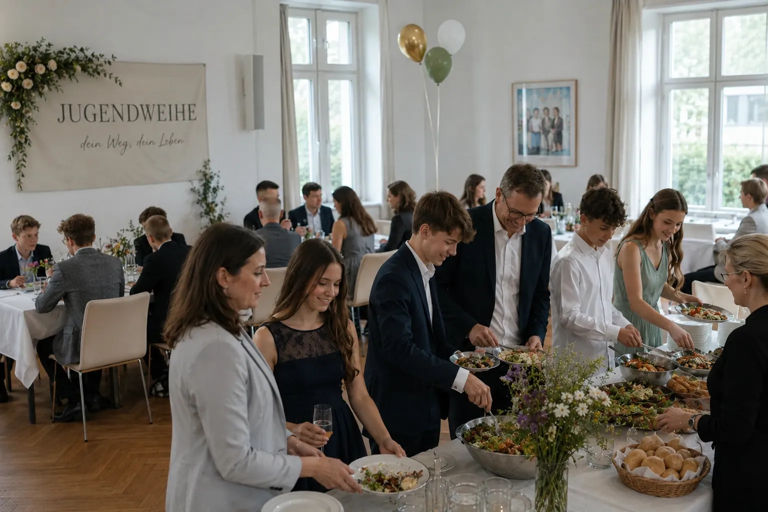 Jugendweihe: Familien am Salatbuffet in einem hellen Saal