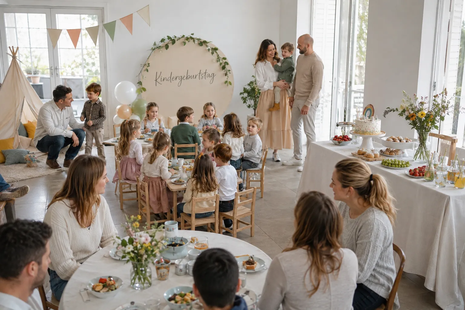 Kindergeburtstag mit gedeckter Kindertafel, daneben Kuchen und Obst