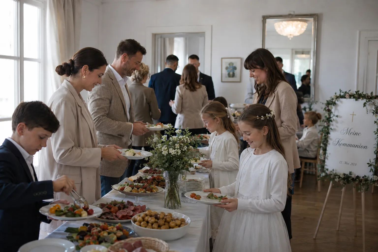 Kommunionsfeier: Familien am Buffet neben dem Schild „Meine Kommunion“