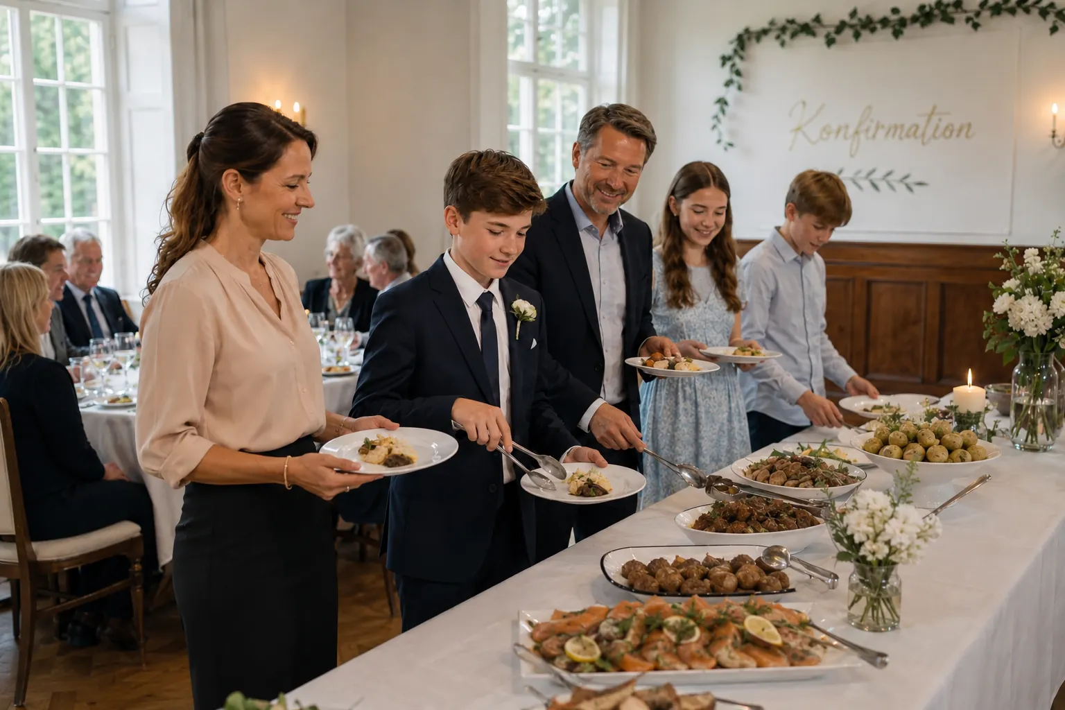 Konfirmationsfeier: Familie am warmen Buffet in einem Saal
