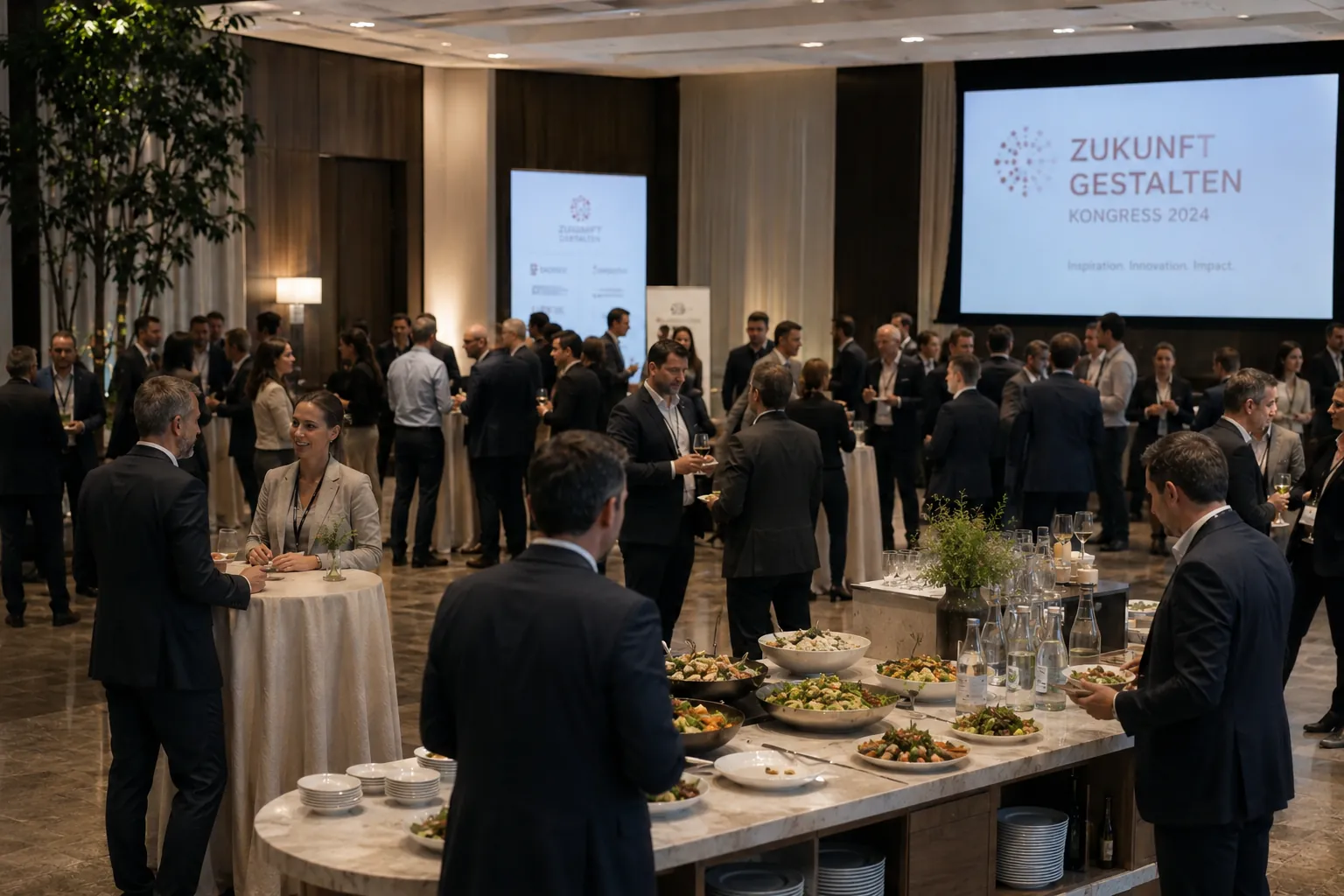Kongresspause im Foyer mit Stehtischen, Buffet und Gesprächen