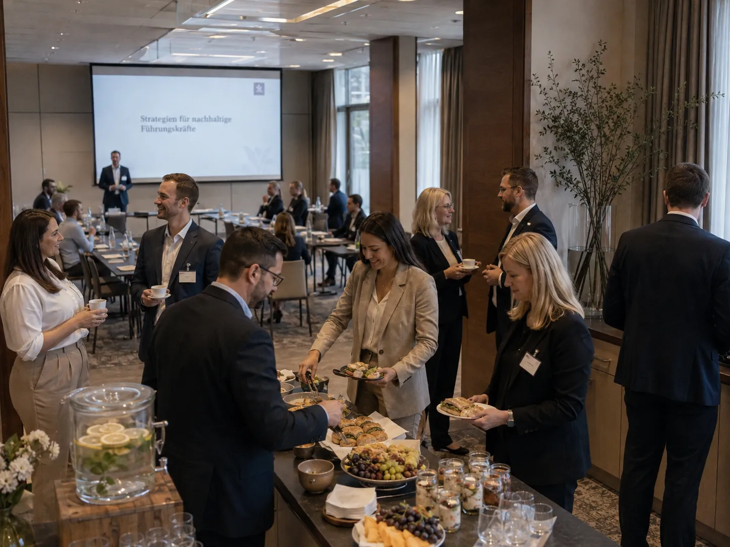 Tagungspause: Teilnehmende am Buffet, dahinter die Leinwand
