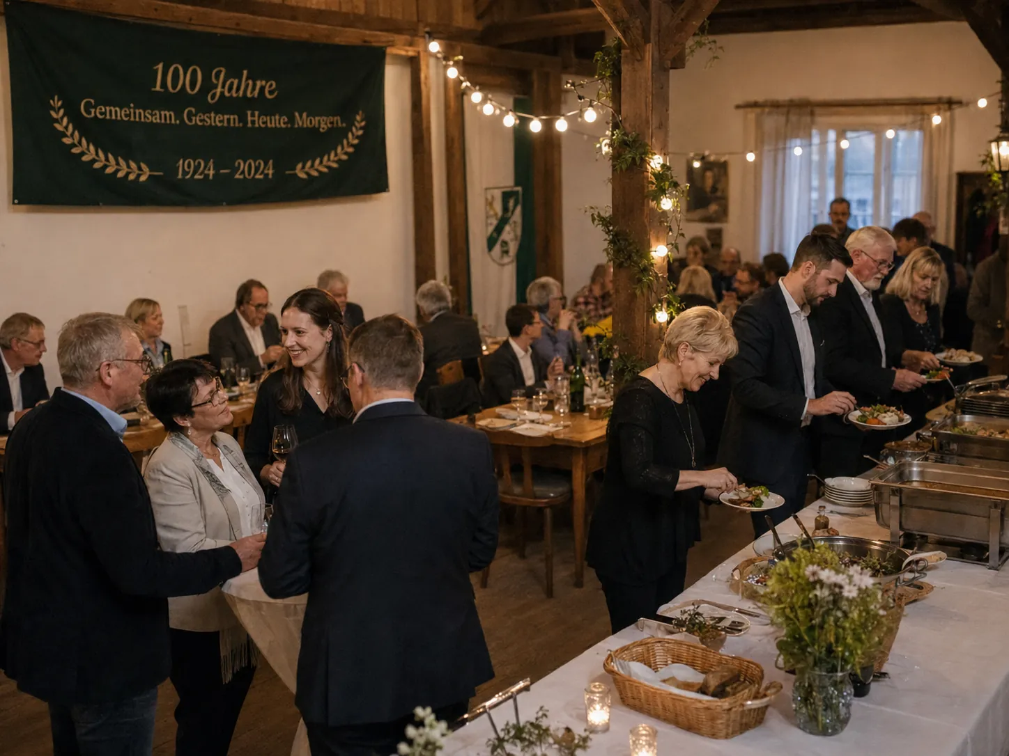 Vereinsjubiläum zu 100 Jahren, Mitglieder am Buffet in der Scheune
