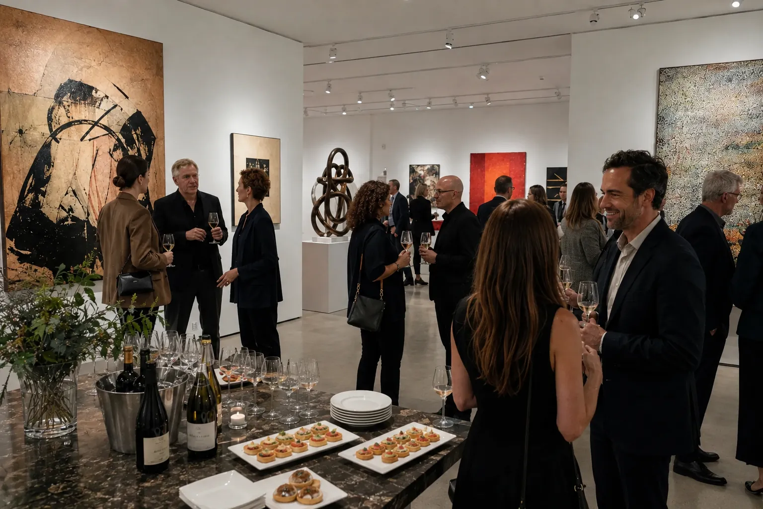 Vernissage: Gäste zwischen Bildern, davor Wein und Fingerfood