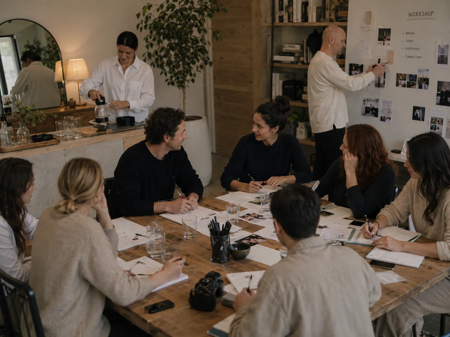 Workshop an einer langen Tafel, dazu Kaffee aus der Kanne