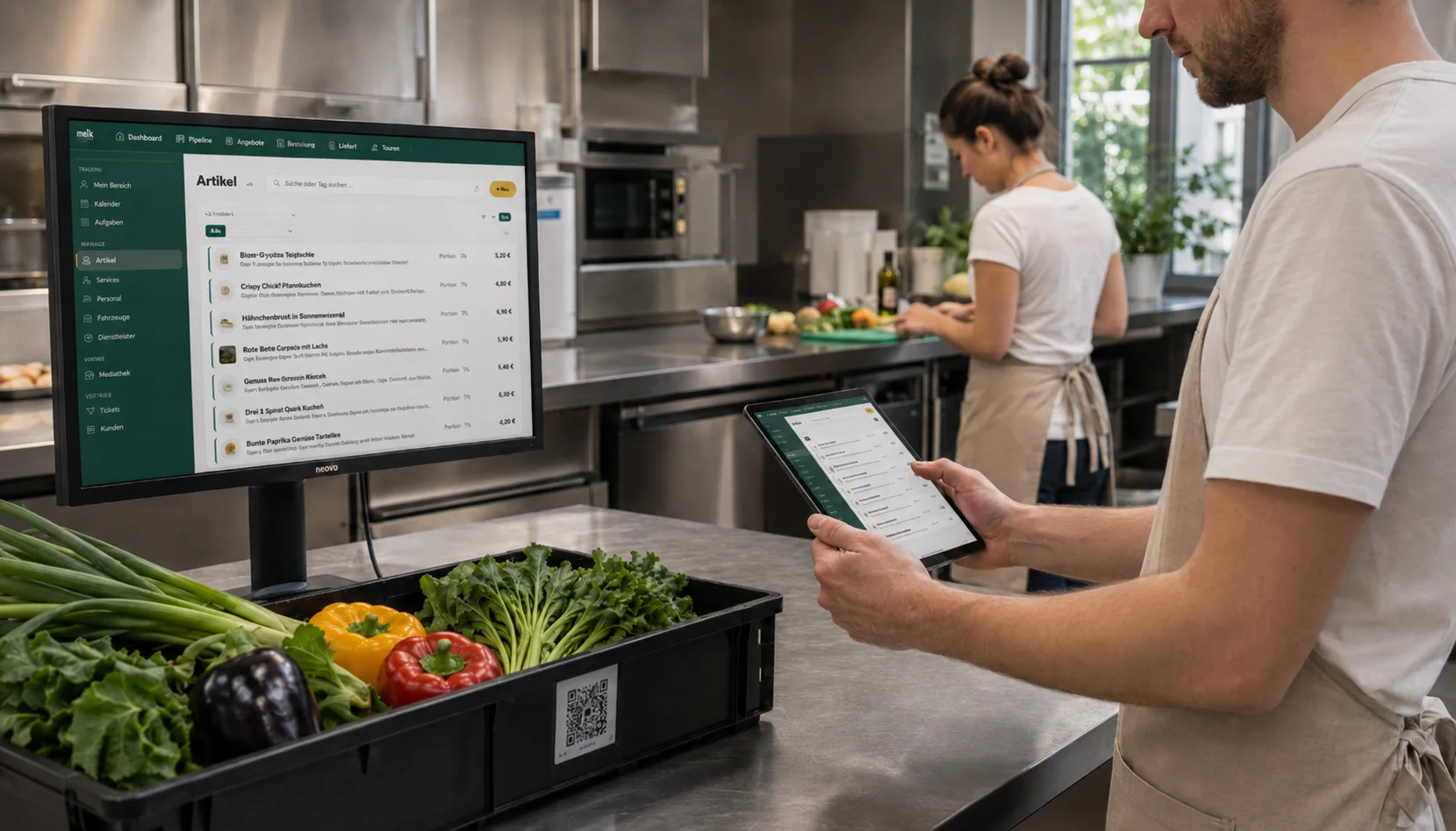 Koch prüft am Tablet die Bestellliste, daneben ein Bildschirm mit dem Artikelkatalog