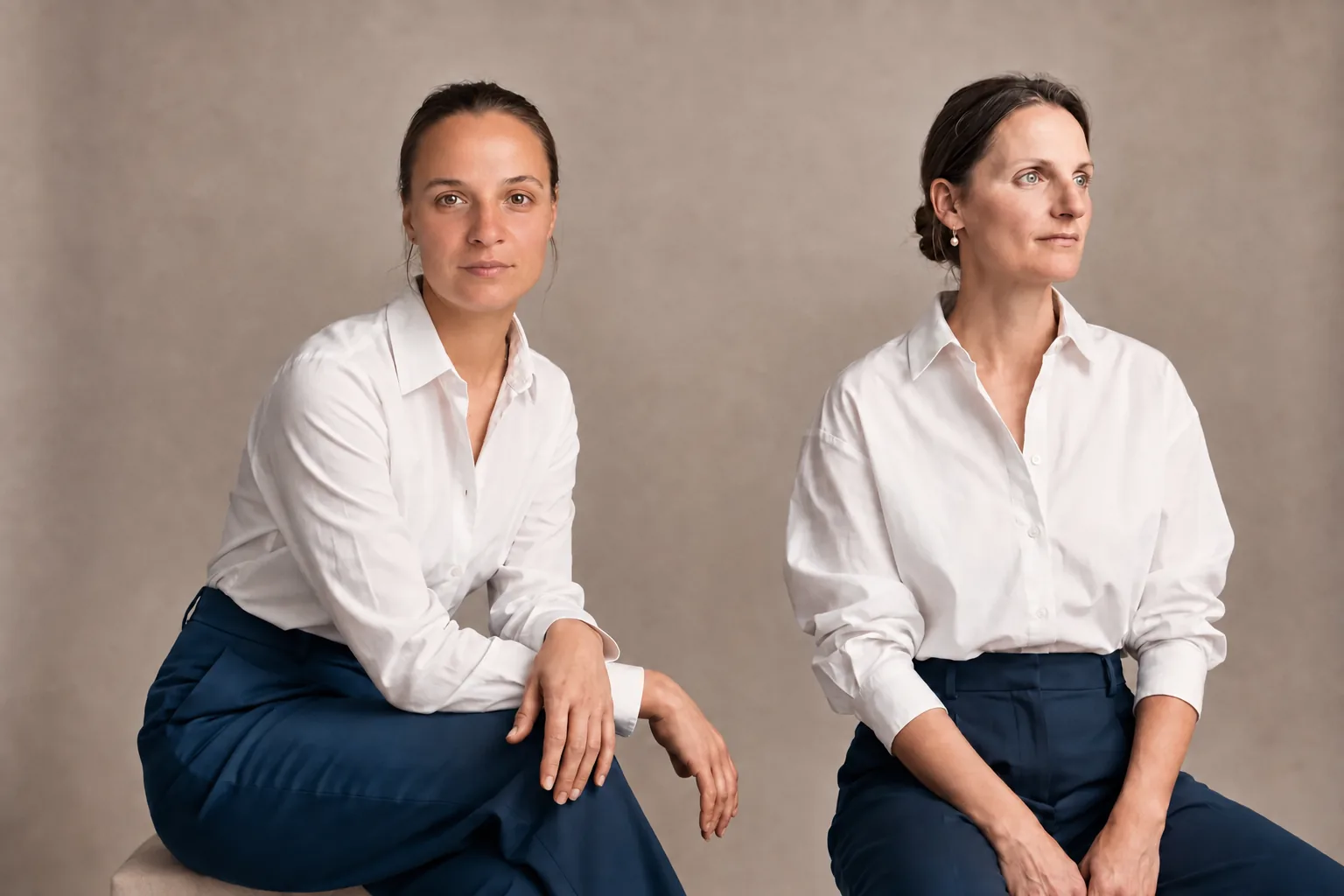 Zwei Frauen in weißen Hemden sitzen vor sandfarbenem Hintergrund