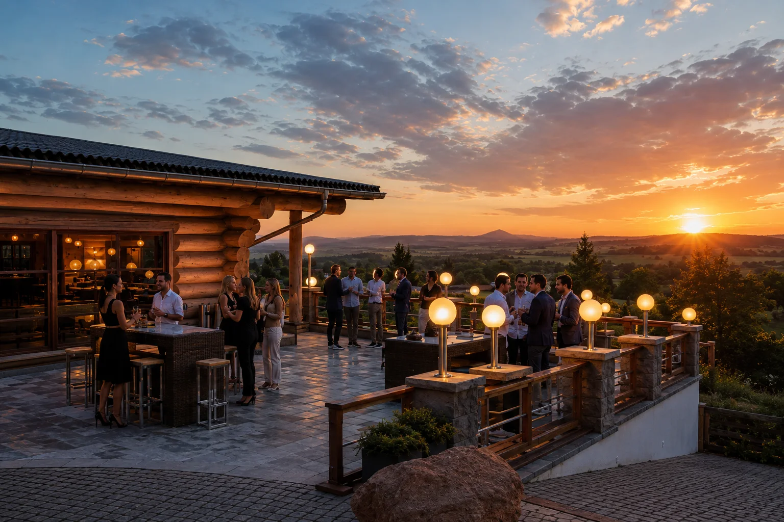 Gäste mit Getränken auf einer Terrasse im Abendlicht, dahinter geht die Sonne über dem Land unter