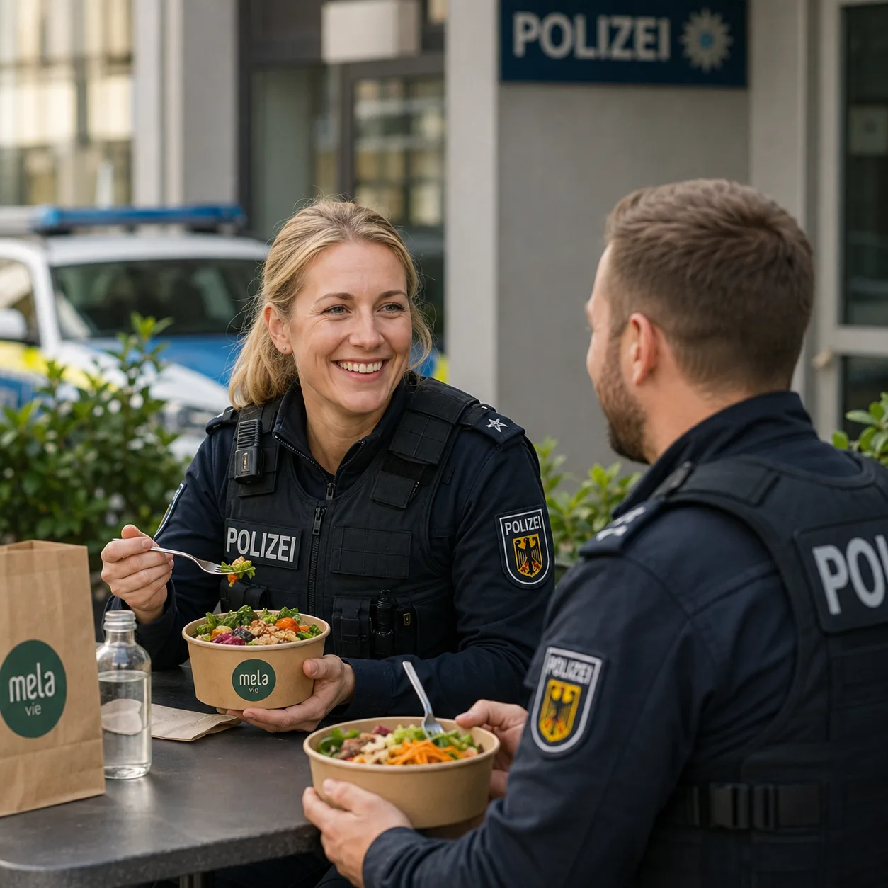 Zwei Polizisten essen Bowls von Melavie an einem Stehtisch vor der Wache