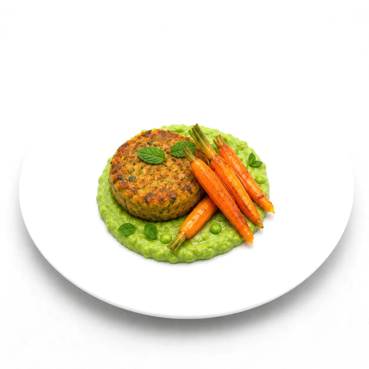 Erbsen-Minz Püree mit Gemüsepatty und Honig-Möhre