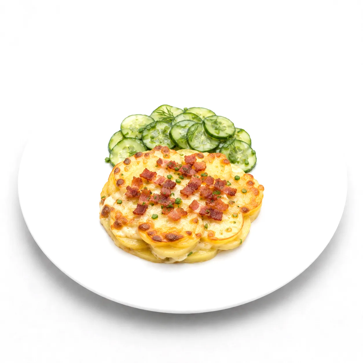Kartoffelgratin mit Gurkensalat und Bacon