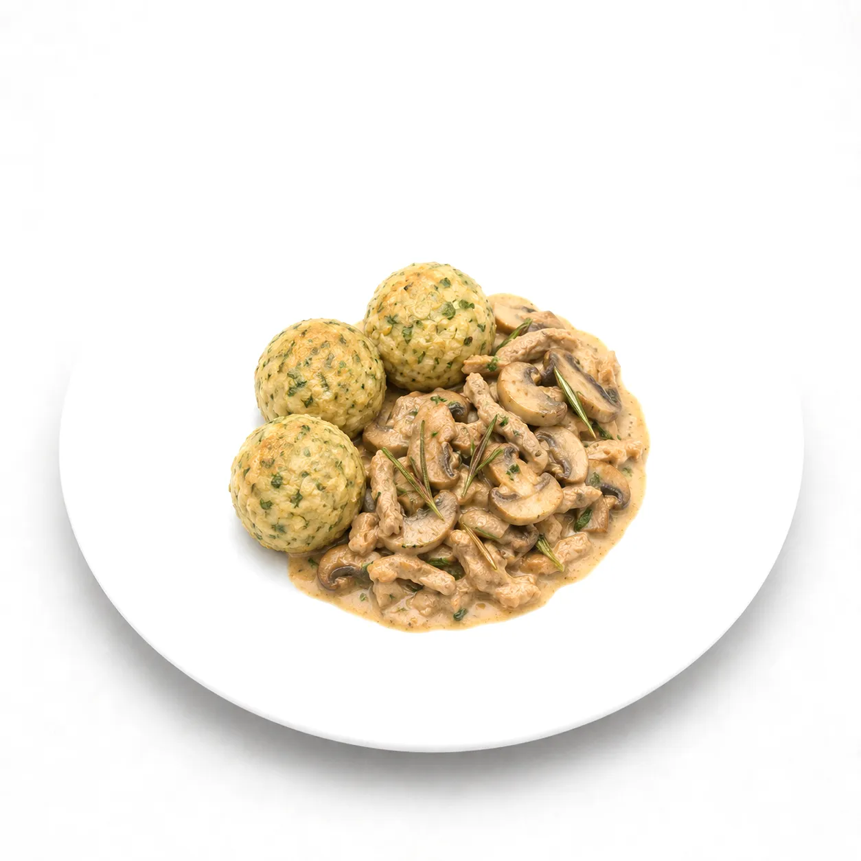 Knödel mit Geschnetzelten und Pilzen