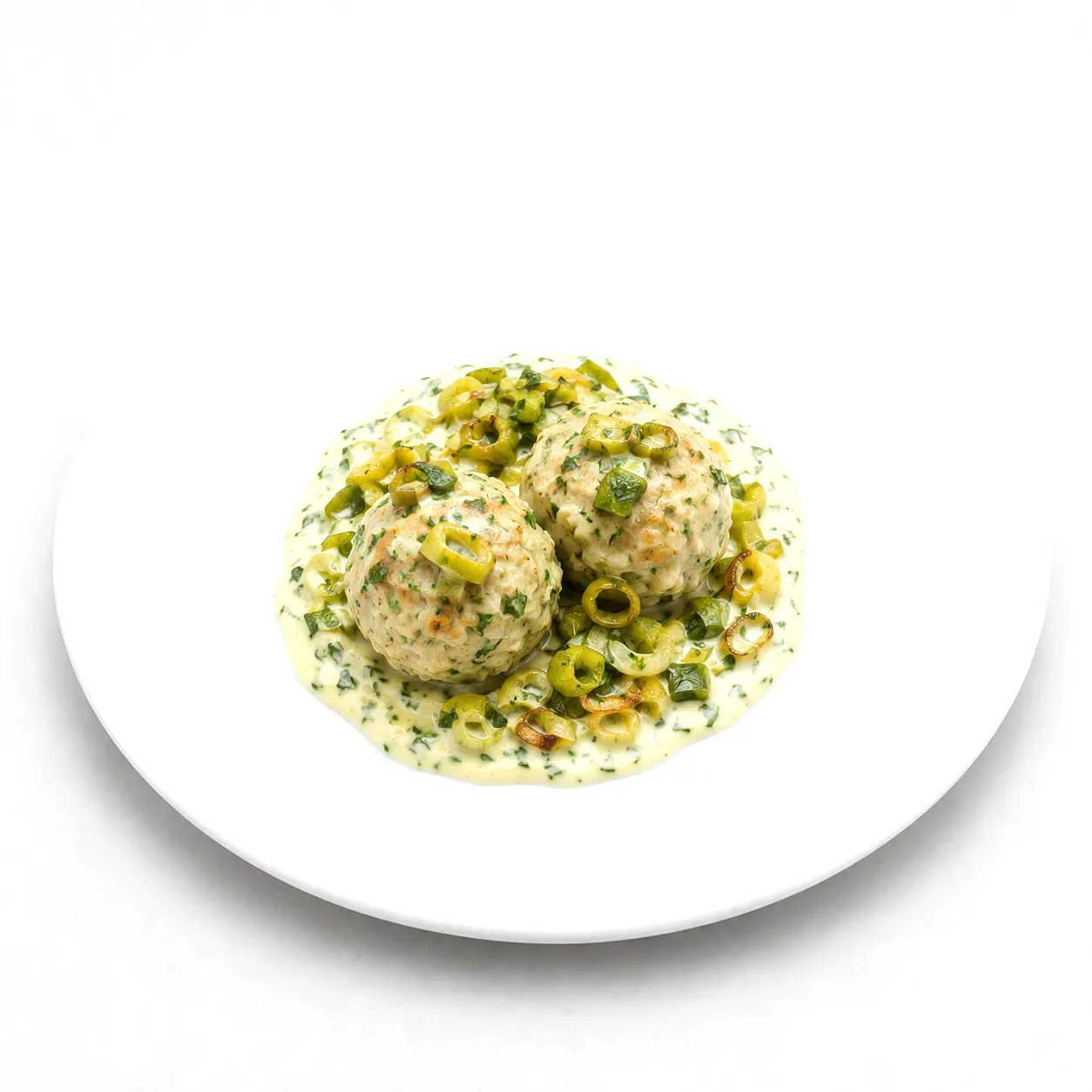 Knödel mit Petersiliensoße und Lauch