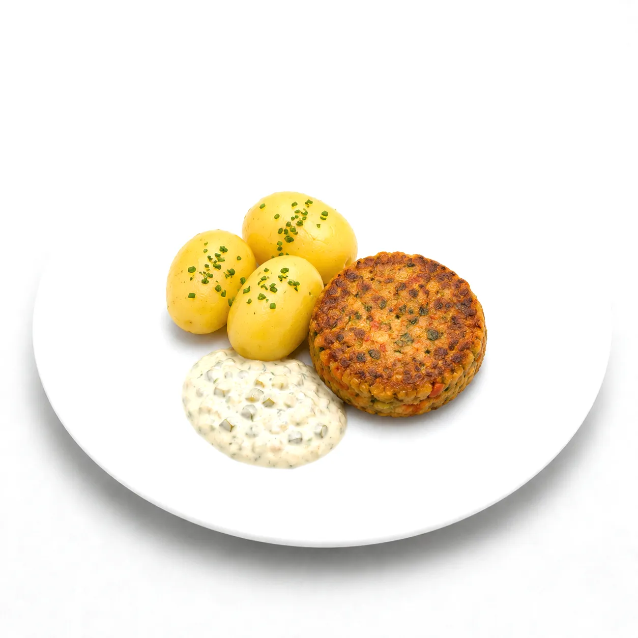 Pellkartoffeln mit Gemüsepatty und Remoulade