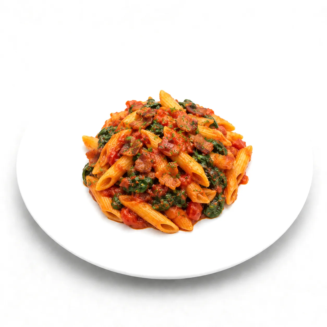 Penne mit Spinat-Tomatensoße und Bacon